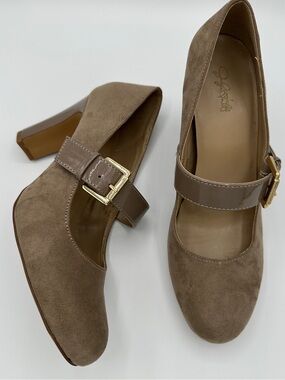 Y2K Style Taupe Suede Mary Jane Block Heels with Patent Strap